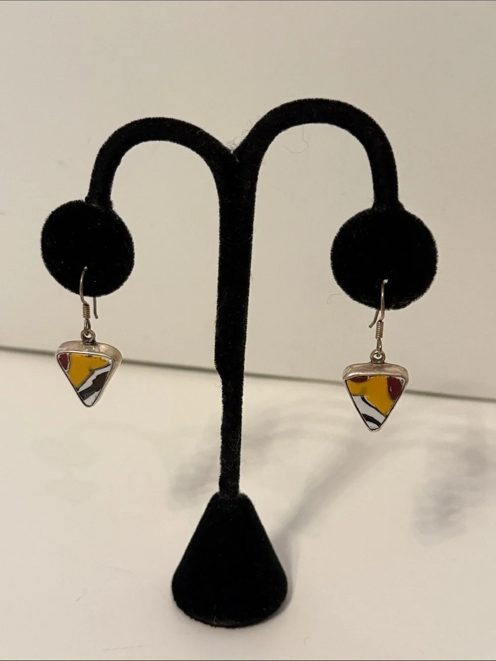 EARRINGS DANGLE DROP PIERCED WIRE STERLING SILVER 925 TRIANGLE POTTERY SLICE